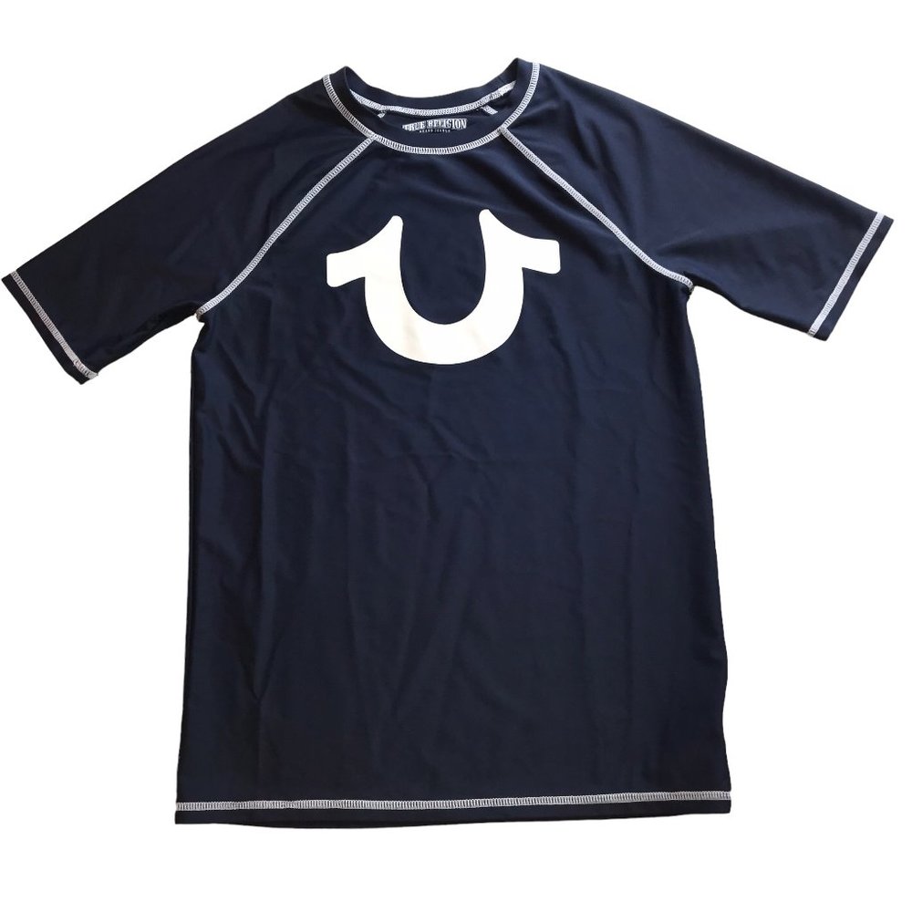 TRUE RELIGION Rash Guard T Shirt, Swim Surf.  Dark Blue.  White Logo.  Short Sle